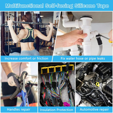 Black Self Fusing Silicone Tape 2 Pack 1 Inch by 11.8 Feet For Quick Pipe And Hose Repairs, used for various fixes in image.