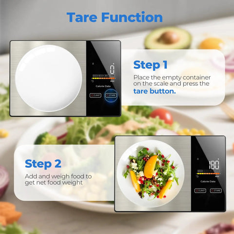 Smart Nutrition Food Scale With App, 1g Precision Digital Kitchen Scale showing tare function with empty and full plates