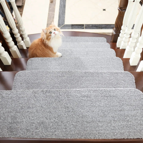 Non Slip Stair Treads 15 Pack Carpet Mats For Indoor Stair Runners 28 By 9 Inches Grey 100 Percent Polyester TPE Backing on stairs