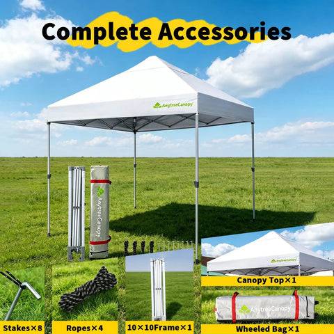 10x10 Pop Up Canopy Tent With Wheeled Bag Instant Setup No Fuss Waterproof Outdoor Shade Shelter displayed on grass