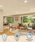 Living room with 12 Pack 6 Inch Ultra Thin LED Recessed Down Lights With J Box 3000K Warm White 12W Dimmable 1100 Lumens Bright CRI90 ETL Energy Star