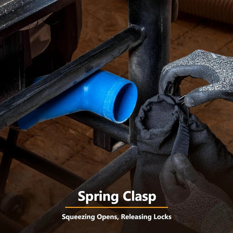 Close-up of Table Saw Dust Bag Kit With 2.5 Inch Dust Port For 10 Inch Saws fitting process with gloved hands.