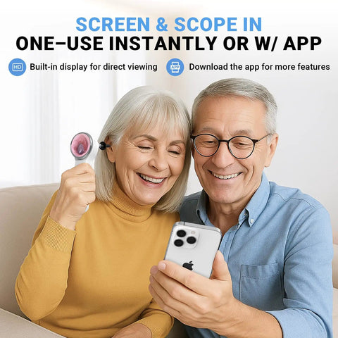 Wireless Digital Otoscope With Built In Screen And Lights For Easy At Home Ear Health Exams, Real Time Viewing, Portable Self Care Tool For Clear Ear Canal Inspections And Quick Self Diagnosis. Couple using it with phone app