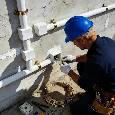 Electrician using High Grade Spring Steel Fish Tape Wire Puller For Drywall And Concrete Conduit 16 4 Foot slick wire snake.