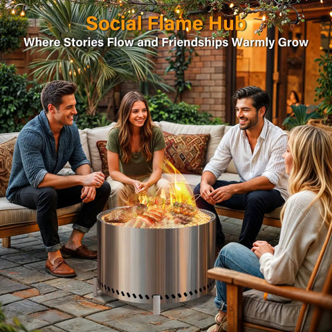 Smokeless 28 Inch Fire Pit With Stand And Grill Rack For Backyard Fun Large Stainless Steel Wood Burning Outdoor Stove