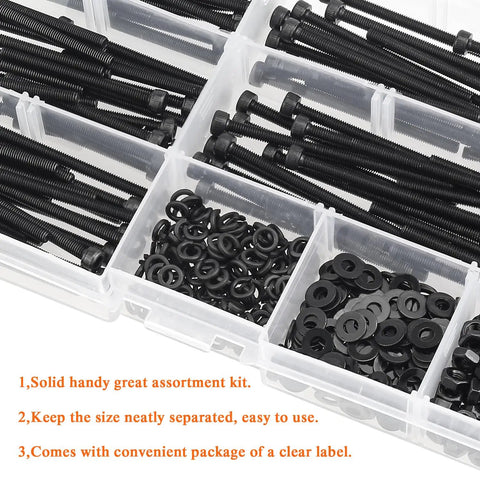 M3 Hex Socket Head Cap Screws Set With Nuts And Washers, 400 Piece Kit In 5 Lengths 30mm 35mm 40mm 45mm 50mm, in transparent box