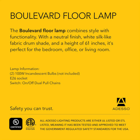 Product details of a dual pull chain floor lamp with brushed steel finish and white fabric drum shade, 61 inches tall.