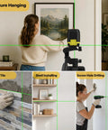 Self Leveling Green Cross Line Laser Level With Tripod For Hanging Pictures And Home Renovation Projects Pro Grade Power Display Battery Included Indoor Construction Tool For Fast Precise Alignment, woman hanging picture