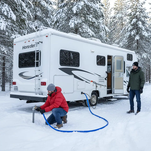 Heated Water Hose For RV And Campers With Ultra Low Temp Protection To Minus 45 Degrees Fahrenheit connected to RV in snow