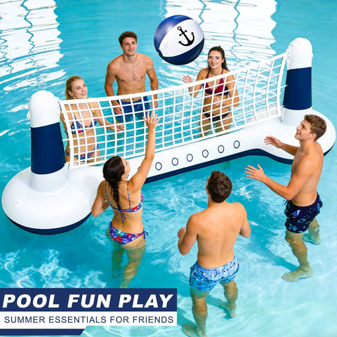 Inflatable Pool Volleyball Set With Yacht Theme Court, 9 Inch Volleyball, Weighted Water Bags, Easy Setup for Adults in pool