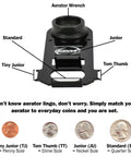 Easy Peasy Multi Use Faucet Aerator Key Tool For Scratch Free Removal And Installation Fits Most Standard Nickel And Tiny Aerators Works On Most Brands Durable Black Handle with coin size comparison diagram.