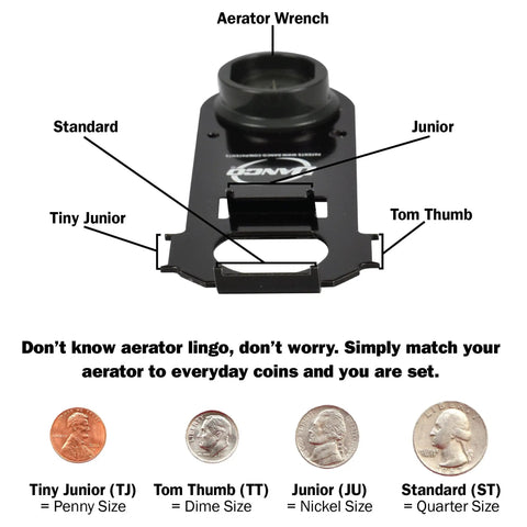 Easy Peasy Multi Use Faucet Aerator Key Tool For Scratch Free Removal And Installation Fits Most Standard Nickel And Tiny Aerators Works On Most Brands Durable Black Handle with coin size comparison diagram.