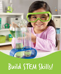 Child playing with Primary Science Deluxe Lab Kit For Kids 45 Piece Preschool STEM Toys Set, wearing safety goggles in a classroom.