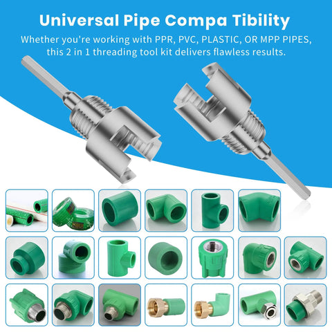 All In One PVC Pipe Threading Tool For 1/2 And 3/4 Inch Pipes With Dual Function Internal And External Threads shown with pipe fittings