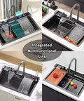 Smart Kitchen Sink with Digital Display, Dual Waterfall Design, Pull-Out Faucet, Pressurized Cup Washer for Modern Kitchens with multifunctional features.