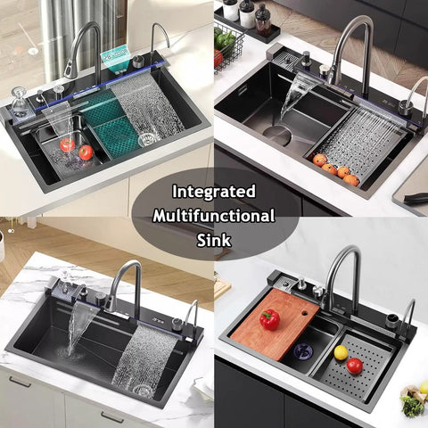 Smart Kitchen Sink with Digital Display, Dual Waterfall Design, Pull-Out Faucet, Pressurized Cup Washer for Modern Kitchens with multifunctional features.