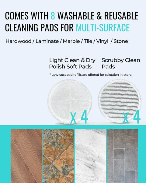 Eight reusable cleaning pads shown for Heavy Duty Steam Mop And Electric Floor Steamer Scrubber With Rapid Electric Spin Pads.