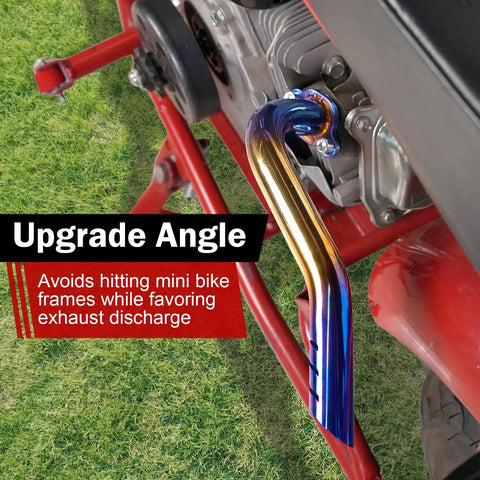 Exhaust Pipe Header Kit For 212cc Predator Non Hemi And 196cc KT196 Mini Bike Engines, shown installed on a red mini bike