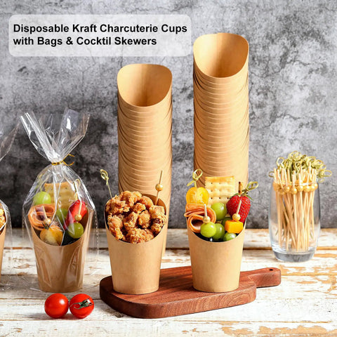 Charcuterie Cups Kit Party Ready With 60 Disposable Cups 200 Bamboo Cocktail Sticks 60 Kraft Paper Bags 14 Oz Brown Snack Boxes