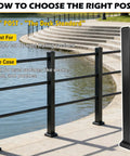 Heavy Duty 54 Inch Matte Black Powder Coated Aluminum Decorative Railing Post Kit For Deck And Porch With Reinforced Base For Rock Solid Balcony Fence EZ Install by a lake with horizontal rails.