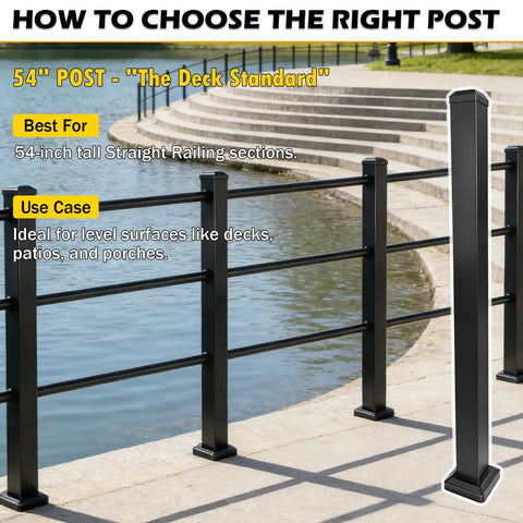 Heavy Duty 54 Inch Matte Black Powder Coated Aluminum Decorative Railing Post Kit For Deck And Porch With Reinforced Base For Rock Solid Balcony Fence EZ Install by a lake with horizontal rails.