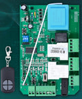 AC Sliding Gate Opener Control Board Replacement with remote, green PCB circuit board against technical background