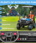 Big Kid Approved 24V Electric Ride On Car Crew Ready 4 Seater Kids Golf Cart With Full Seatbelts Rear Footrests showing dashboard features and a child sitting.