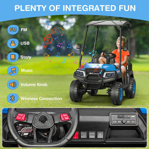 Big Kid Approved 24V Electric Ride On Car Crew Ready 4 Seater Kids Golf Cart With Full Seatbelts Rear Footrests showing dashboard features and a child sitting.