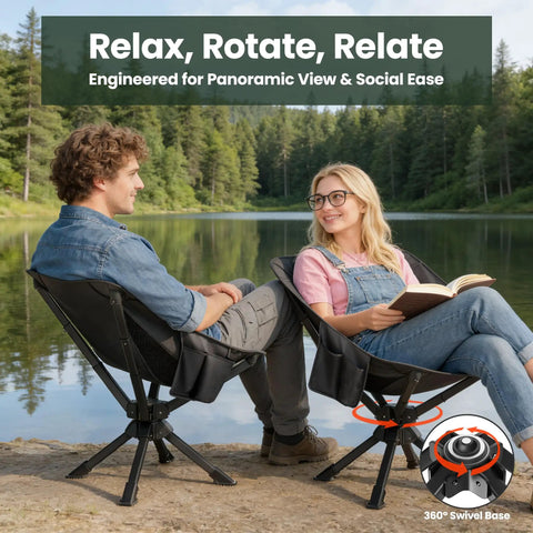 Ultra Portable Folding Camping Chair With No Assembly 360 Degree Swivel Lightweight One Piece Design For Adults Ideal For Beach Lawn Travel Backpacking Hiking Fishing Black, people sitting by a lake