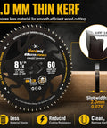 8-1/4 Inch Table Saw Blade With Sixty Carbide Tips And Thin Kerf Profile, 2 mm thick, designed for smooth wood cutting.