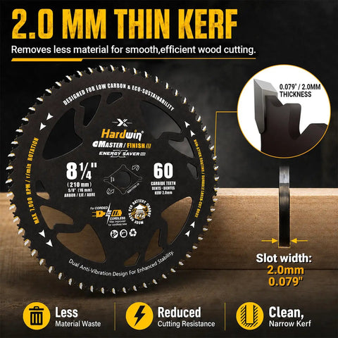 8-1/4 Inch Table Saw Blade With Sixty Carbide Tips And Thin Kerf Profile, 2 mm thick, designed for smooth wood cutting.