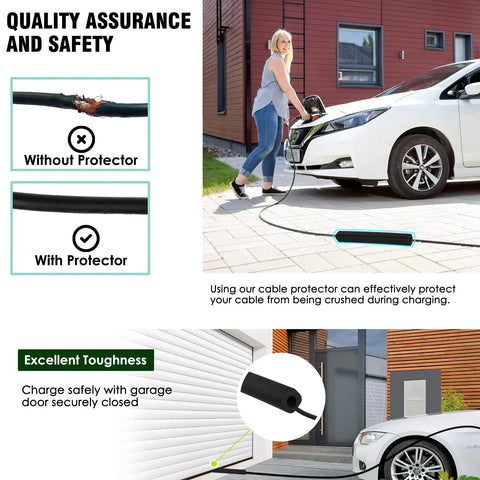 EV Cable Protector Pass Through for Garage Door Heavy Duty Rubber Guard 19mm Inner Diameter Weather Resistant for Tesla and Most EV Cables Durable Cable Shield to Prevent Door Damage 1 Pack; car charging scene with rubber protector.