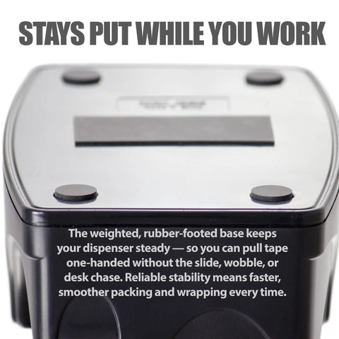 Heavy Duty Dual Function Tape Dispenser Built Tough For All Your Packing Needs Featuring Weighted Five Point Five Pound Base For Rock Solid Stability And Effortless Pulling Of Wide Packing Tape Rolls Plus Handy Compartment For Desk Gadgets In Sleek Black