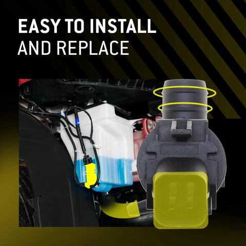 Premium Quality Heavy Duty Automotive Replacement Windshield Washer Fluid Spray Pump showing easy installation with tank and hoses.