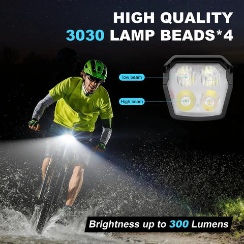 Cyclist using Dope 300 Lumen USB Rechargeable Bike Lights With 8 Modes And Solar Charge Front And Rear LED Headlights