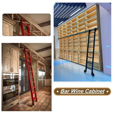 Bar Wine Cabinet with sliding ladder against tall wooden shelves and cabinets