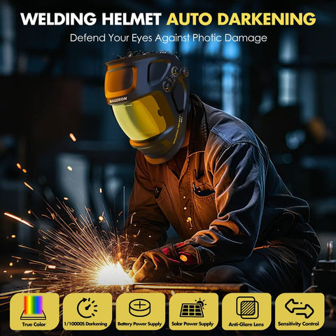 Welder using Auto Darkening Welding Helmet With Large Viewing Area 3.94 x 3.66 Inches, True Color Optical Clarity, 4 Arc Sensors
