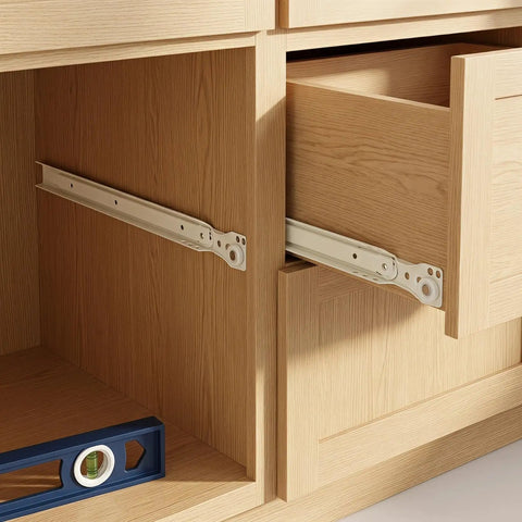 Heavy Duty 14 Inch Drawer Slides Side Mount Rails Steel Replacement for Cabinet Drawers and Dresser Hardware Smooth Sliding High Load Capacity Versatile for Wardrobes Keyboard Trays and Other Drawers, side-mounted in wooden cabinet