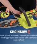 Six Piece Power Gardening Toy Set For Kids Ages 3 And Up Featuring A Child Safe Chainsaw in use close-up