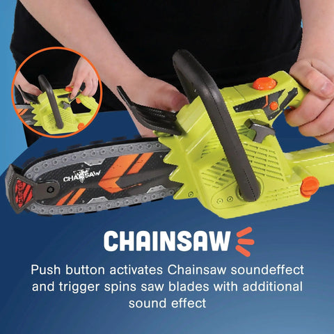 Six Piece Power Gardening Toy Set For Kids Ages 3 And Up Featuring A Child Safe Chainsaw in use close-up