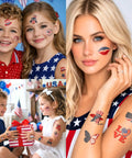 Lit Glow In The Dark 105 Piece Patriotic Temporary Tattoos Set For Independence Day Featuring American Flag Stars And Eagles on models