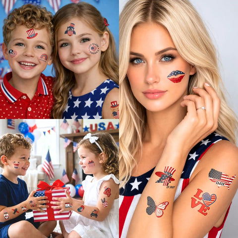 Lit Glow In The Dark 105 Piece Patriotic Temporary Tattoos Set For Independence Day Featuring American Flag Stars And Eagles on models