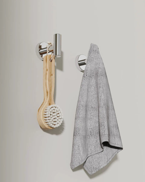 Two Pack Polished Chrome Wall Mount Towel Hooks For Bathroom Kitchen Garage Heavy Duty 304 Stainless Steel Coat Robe Hanger Cabinet Closet Door Hook Rack For Hotel Pool displaying towel and brush hangers