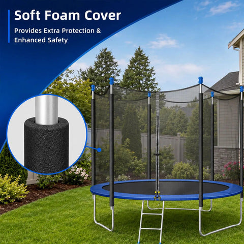 Complete Six Piece Trampoline Replacement Enclosure Poles With Thick Foam Sleeves And Secure Caps For Straight Frame Nets To Upgrade Your Backyard Rig With Absolutely Zero Hassle, showing soft foam cover and trampoline set.