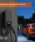 Level 2 50 Amp 240V EV Charger For At Home, 12kW Hardwired J1772 Station With 25 Ft Cable on wall near orange car