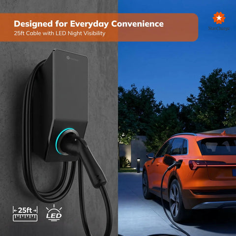 Level 2 50 Amp 240V EV Charger For At Home, 12kW Hardwired J1772 Station With 25 Ft Cable on wall near orange car