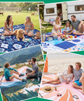 Waterproof Extra Large Picnic Blanket For Outdoor Activities Great For Beach And Camping Mat in use, fitting 4 people in various settings.