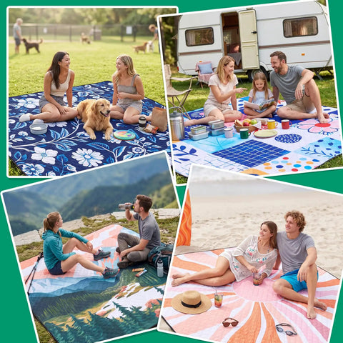 Waterproof Extra Large Picnic Blanket For Outdoor Activities Great For Beach And Camping Mat in use, fitting 4 people in various settings.