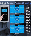 Portable EV Charger With NACS Plug For Home Garage Or Road Trips Featuring 32A Up To 40A 12KW Fast Charging display for current adjustment.