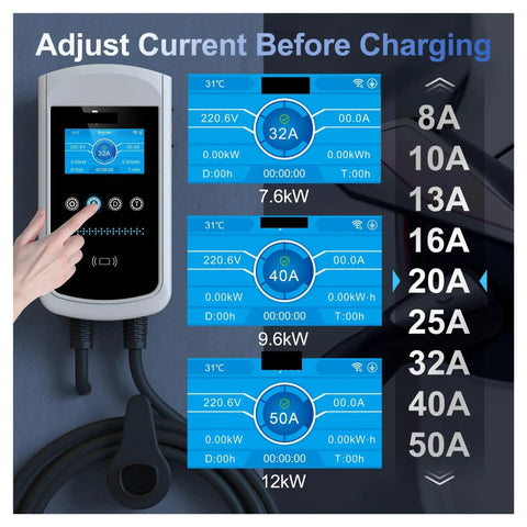 Portable EV Charger With NACS Plug For Home Garage Or Road Trips Featuring 32A Up To 40A 12KW Fast Charging display for current adjustment.